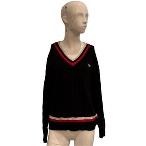 Vintage Lacoste Navy V-Neck Cable Knit Sweater with Red & White Accents Size S